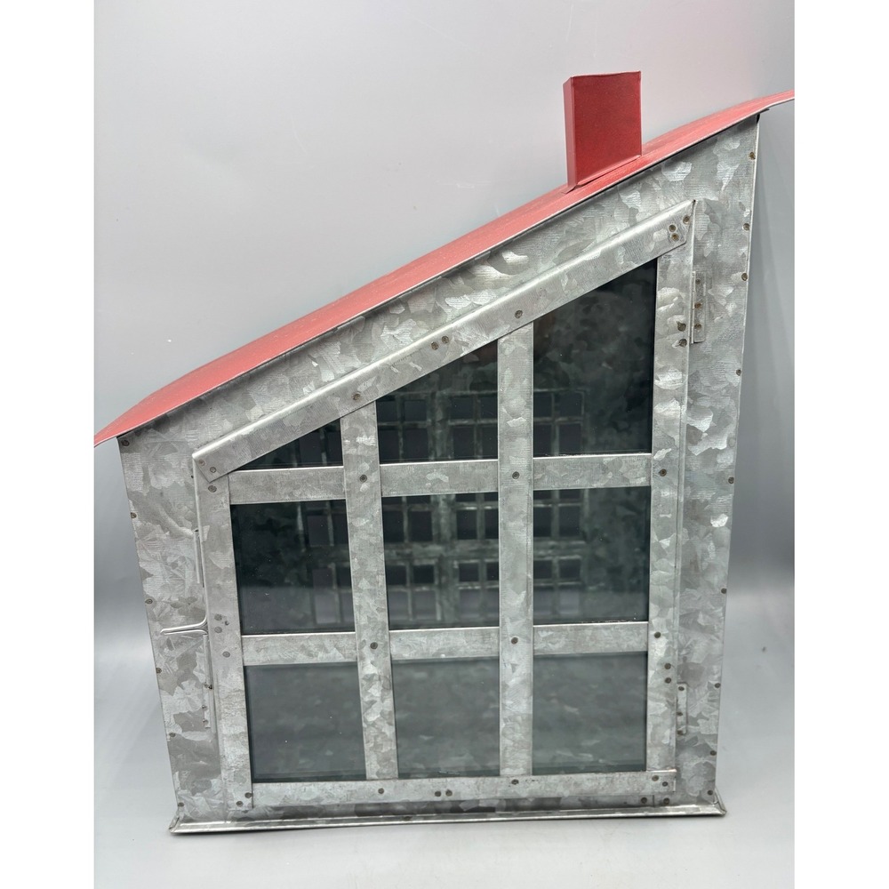 Galvanized Metal House Lantern Red‎ Roof Chimney Window Panes Rustic Farmhouse